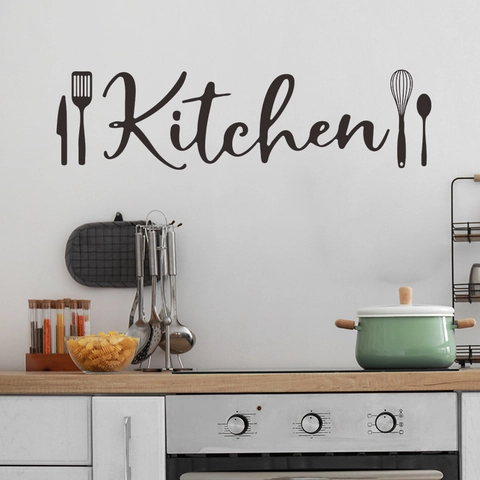 PVC Kitchen Slogan Lettering Wall Sticker Black Modern Cutlery Pattern Self-Adhesive Wall Decal For Kitchen Decoration