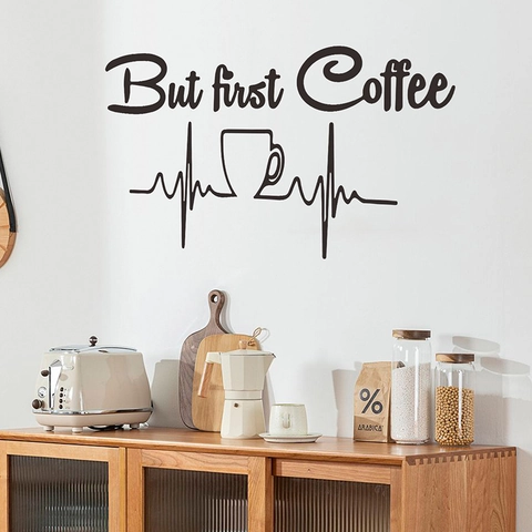But First Coffee English Quote Wall Sticker PVC Removable Coffee Cup Heartbeat Line Art Decal For Kitchen Cafe Home Decor