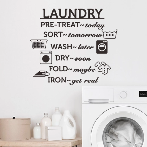 Laundry Room Wall Sticker PVC Decorative Decal English Slogan Wash Dry Fold Iron Pattern Modern Home Decor Wall Art Sign