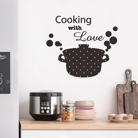 Cooking With Love English Slogan Kitchen Wall Sticker Removable PVC Pot Polka Dot Pattern Home Decor Mural Art Decal
