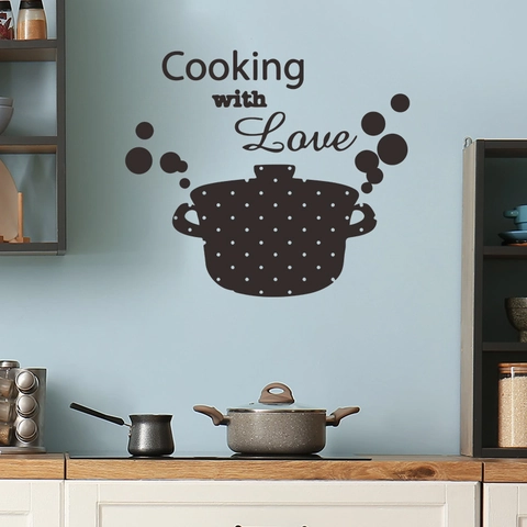 Cooking With Love English Slogan Kitchen Wall Sticker Removable PVC Pot Polka Dot Pattern Home Decor Mural Art Decal