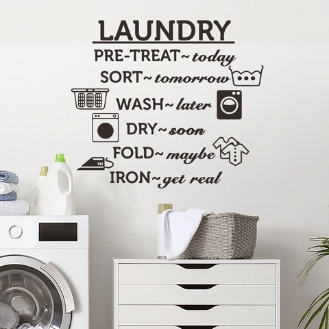 Laundry Room Wall Sticker PVC Decorative Decal English Slogan Wash Dry Fold Iron Pattern Modern Home Decor Wall Art Sign