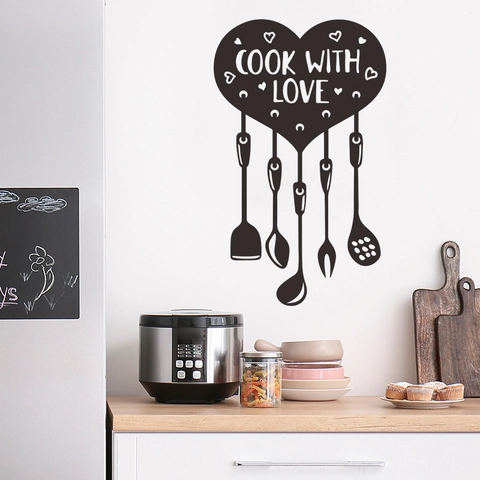 Cook With Love Heart Kitchen Wall Stickers PVC Black Removable DIY Wall Decal For Kitchen Restaurant Home Art Decor