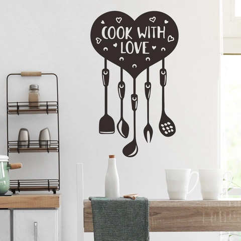 Cook With Love Heart Kitchen Wall Stickers PVC Black Removable DIY Wall Decal For Kitchen Restaurant Home Art Decor