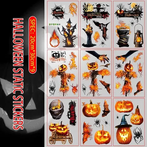 Adhesivos Estáticos para Ventanas de Halloween PVC Calabaza Murciélago Castillo Calcomanías para Superficie de Vidrio Decoración