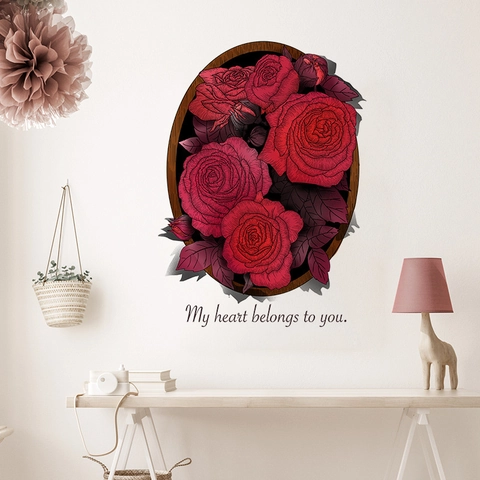 Adesivo da Parete Bouquet di Rose Rosse in PVC Autoadesivo Romantico Arte Murale My Heart Belongs To You Murale per Camera da Letto