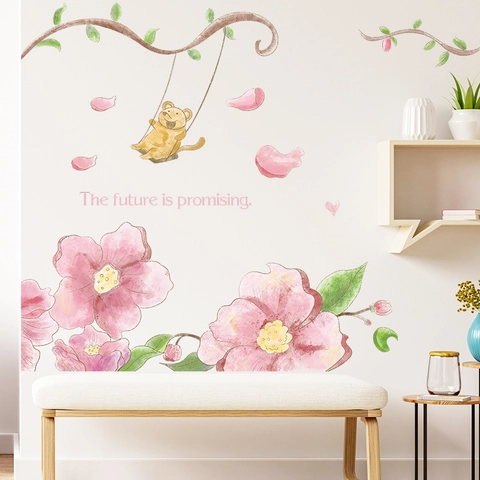 Adesivo da Parete Acquerello Topo Altalena Fiori Rosa PVC Removibile Animali Cartoni Floreale Decalcomania per Camera Bambini Soggiorno Casa