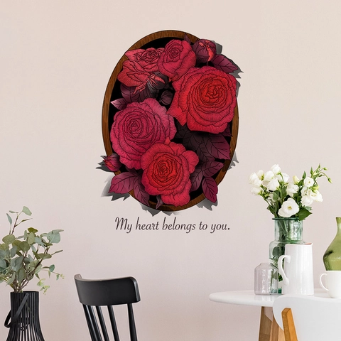 Adesivo da Parete Bouquet di Rose Rosse in PVC Autoadesivo Romantico Arte Murale My Heart Belongs To You Murale per Camera da Letto