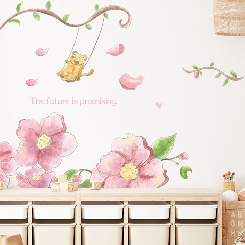 Adesivo da Parete Acquerello Topo Altalena Fiori Rosa PVC Removibile Animali Cartoni Floreale Decalcomania per Camera Bambini Soggiorno Casa