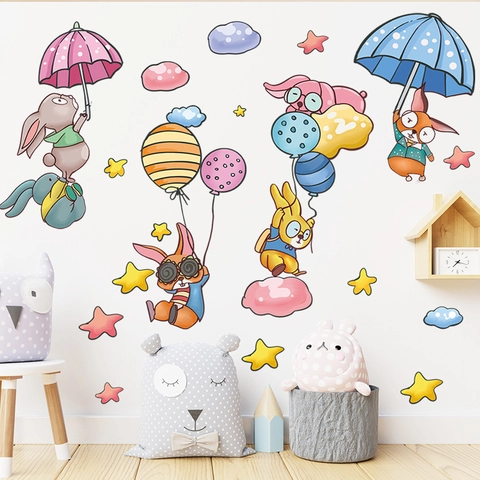 Pegatinas de Pared de Conejo de Acuarela de Dibujos Animados Nube Paraguas Para Habitación de Niños PVC Impermeable