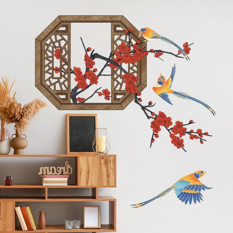 Chinese Style Faux Window Wall Sticker With Red Plum Blossom Birds PVC Self Adhesive Mural For Living Room Bedroom Decor