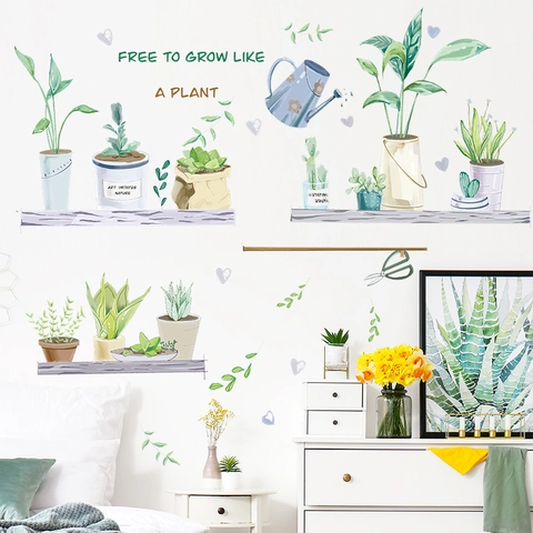 Adesivo Murale Piante in Vaso Verdi in PVC Impermeabile Acquerello Succulente Cactus Mensola Adesivo per Camera da Letto Soggiorno Decorazione Casa