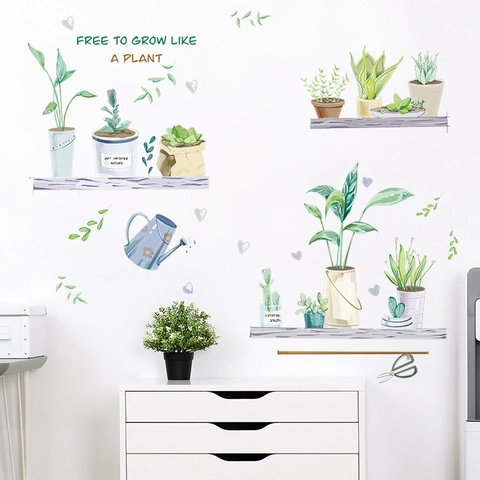Adesivo Murale Piante in Vaso Verdi in PVC Impermeabile Acquerello Succulente Cactus Mensola Adesivo per Camera da Letto Soggiorno Decorazione Casa