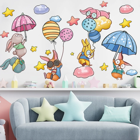 Pegatinas de Pared de Conejo de Acuarela de Dibujos Animados Nube Paraguas Para Habitación de Niños PVC Impermeable