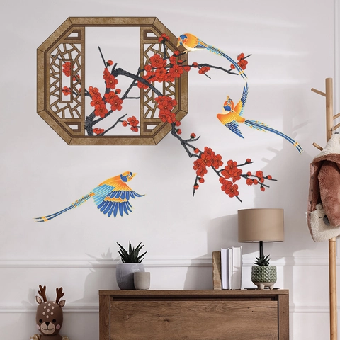 Chinese Style Faux Window Wall Sticker With Red Plum Blossom Birds PVC Self Adhesive Mural For Living Room Bedroom Decor