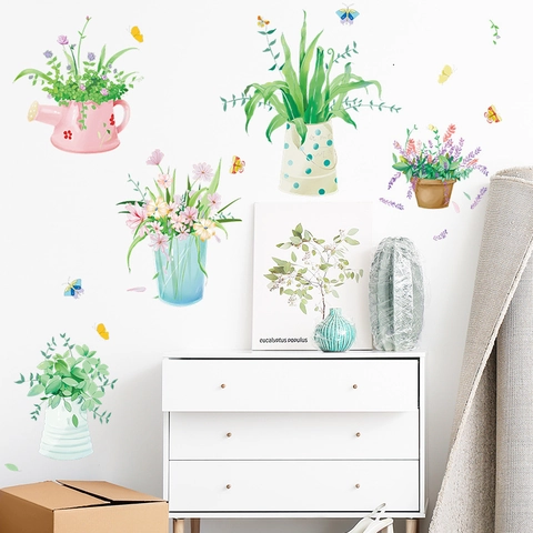 Fresh Potted Plant Flower Wall Sticker PVC Self Adhesive Watercolor Green Plant Decal With Butterflies For Home Decor