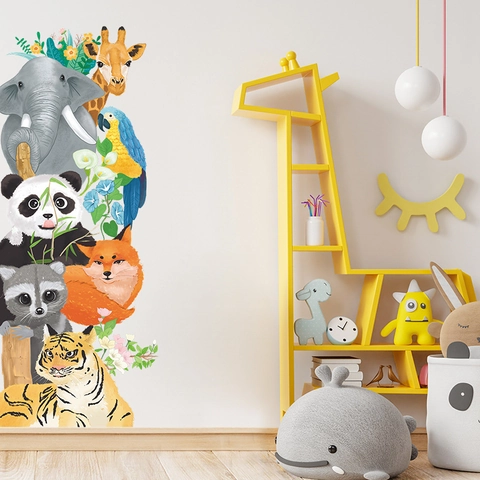 Cartoon Tiere Spähen Wandtattoo Elefant Panda Fuchs Tiger Aquarell DIY PVC Aufkleber Für Kinderzimmer Deko