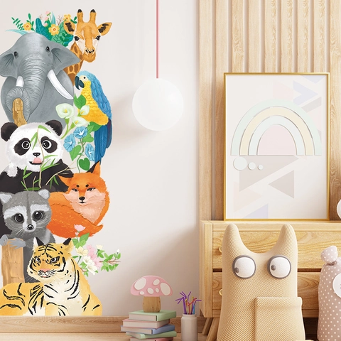 Cartoon Tiere Spähen Wandtattoo Elefant Panda Fuchs Tiger Aquarell DIY PVC Aufkleber Für Kinderzimmer Deko