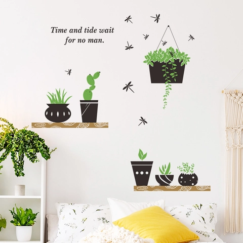 Grüne Topfpflanzen Sukkulenten Wandtattoo Mit Regal Libelle Design Inspirierender Spruch PVC Abnehmbar Deko Für Zuhause