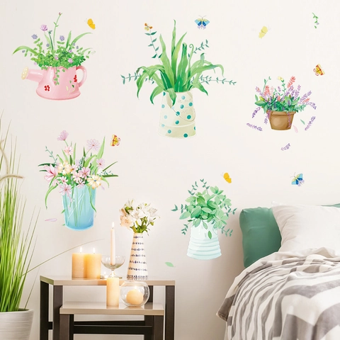 Fresh Potted Plant Flower Wall Sticker PVC Self Adhesive Watercolor Green Plant Decal With Butterflies For Home Decor