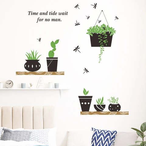 Grüne Topfpflanzen Sukkulenten Wandtattoo Mit Regal Libelle Design Inspirierender Spruch PVC Abnehmbar Deko Für Zuhause