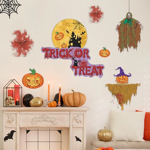Αυτοκόλλητο Τοίχου Halloween Κολοκύθα Φεγγάρι Κάστρο Φάντασμα Trick Or Treat Διακοσμητικό PVC για Παράθυρο Σπίτι Πάρτι