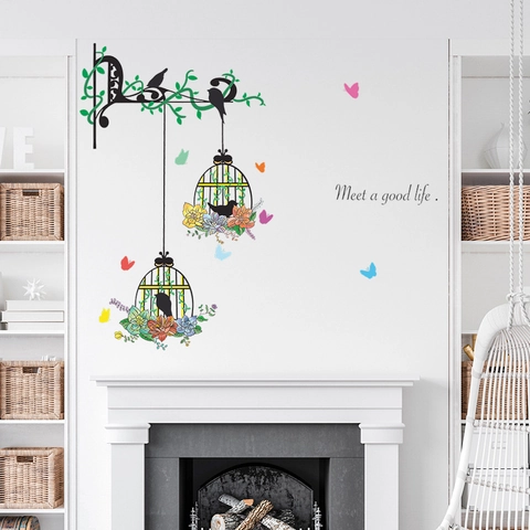 Modern Eisen Vogelkäfig Blumen Vögel Wandtattoo PVC Wasserdicht Abnehmbar Home Decor Wandbild Für Wohnzimmer Schlafzimmer