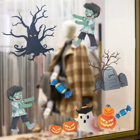 Cartoon Halloween Wall Stickers Set PVC Removable Pumpkin Ghost Zombie Dead Tree Window Decals For Home Shop Party Decor