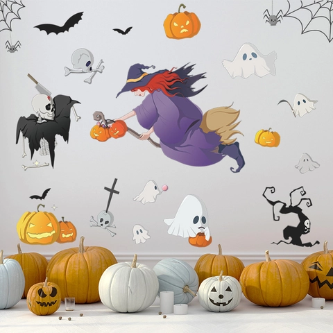 Strega di Halloween Scopa Pipistrello Zucca Fantasma Scheletro Adesivo Murale in PVC Rimovibile per Decorazione Casa