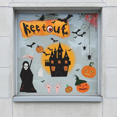 Halloween Wall Stickers PVC Removable Window Decals Pumpkin Castle Bat Spider Web Ghost Decorations For Home Shop Party
