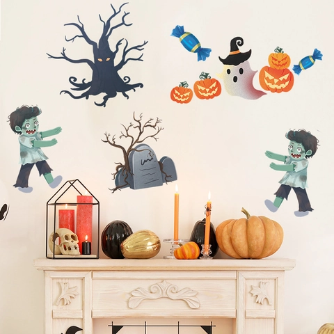 Cartoon Halloween Wall Stickers Set PVC Removable Pumpkin Ghost Zombie Dead Tree Window Decals For Home Shop Party Decor