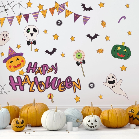 Adesivi Murali di Halloween Cartoon in PVC Zucca Fantasma Teschio Pipistrello Decalcomanie per Finestre Decorazioni Festa