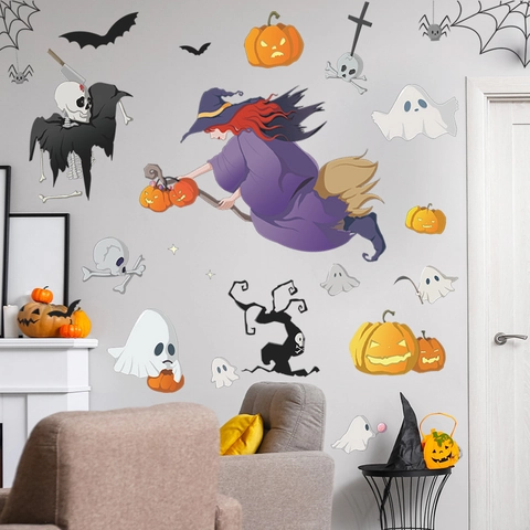 Strega di Halloween Scopa Pipistrello Zucca Fantasma Scheletro Adesivo Murale in PVC Rimovibile per Decorazione Casa