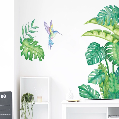 Adesivo da Parete con Foglie Verdi Tropicali e Colibrì Acquerello Monstera Palmi PVC Autoadesivo per Decorazione Soggiorno Casa