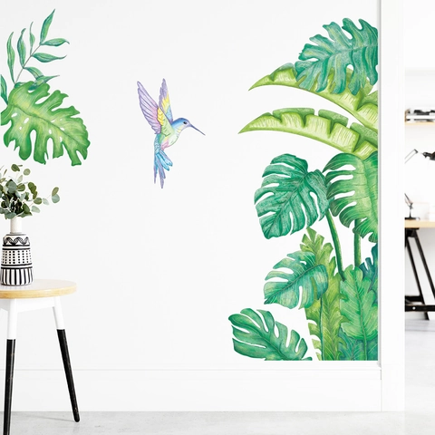Adesivo da Parete con Foglie Verdi Tropicali e Colibrì Acquerello Monstera Palmi PVC Autoadesivo per Decorazione Soggiorno Casa
