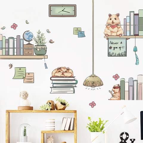 Cartoon Hamster Reading Book Motivational Wall Sticker PVC Self Adhesive Decal For Kids Room Study Bedroom Home Decor