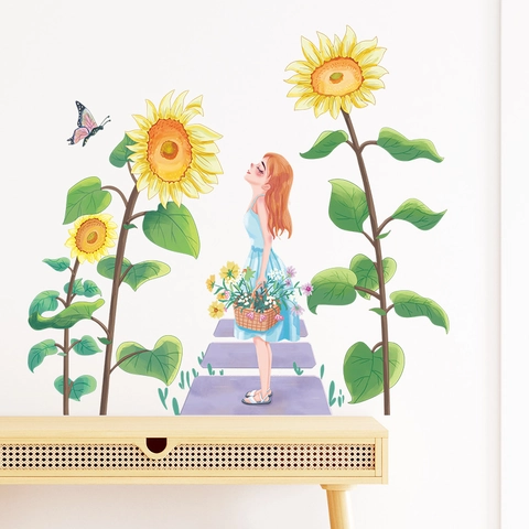 Vinilos de Pared Chica Girasol Dibujos Animados Pintados a Mano Mariposa DIY Pegatinas de Vinilo para Decoración de Dormitorio