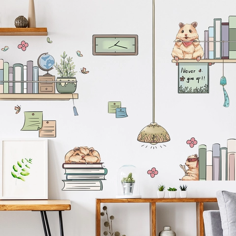 Cartoon Hamster Reading Book Motivational Wall Sticker PVC Self Adhesive Decal For Kids Room Study Bedroom Home Decor