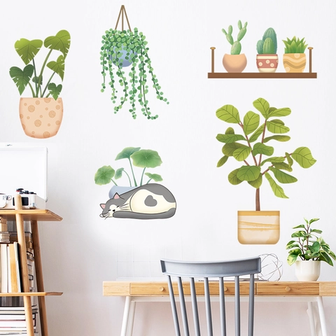 Tropical Potted Plants And Cat Wall Stickers PVC Self-Adhesive Green Leaf Succulents Wall Decal For Living Room Bedroom Home Decor