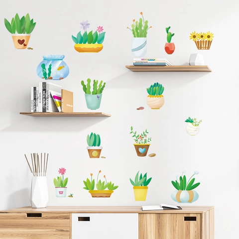 Adesivo da Parete Piante in Vaso Cartone Animato Sukkulente Cactus Pesci PVC Decalcomania per Camera Letto Soggiorno Decorazione