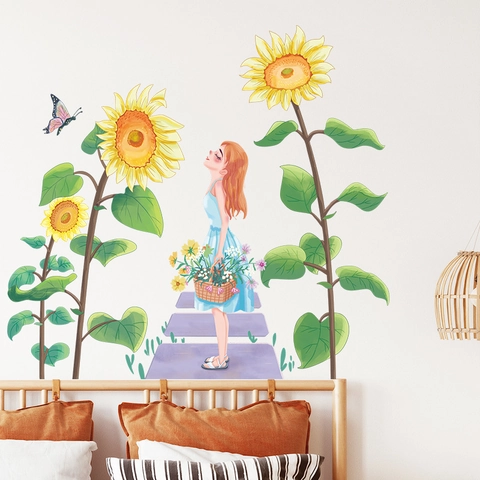 Vinilos de Pared Chica Girasol Dibujos Animados Pintados a Mano Mariposa DIY Pegatinas de Vinilo para Decoración de Dormitorio