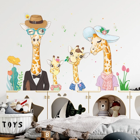 Cartoon Watercolor Giraffe Family Wall Stickers PVC Self-Adhesive Animal Floral Decals For Kids Room Home Decoration