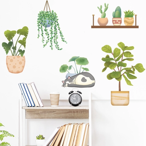 Tropical Potted Plants And Cat Wall Stickers PVC Self-Adhesive Green Leaf Succulents Wall Decal For Living Room Bedroom Home Decor