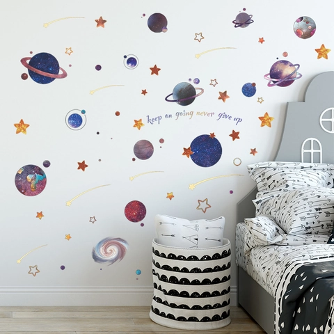 Space Universe Planets Stars Wall Stickers For Kids Room Nursery Decor Waterproof PVC Removable Never Give Up Quote Decals
