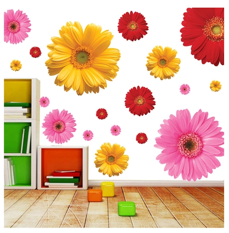 Stickers Muraux Fleur Marguerite Multicolore PVC Imperméable Amovible Décalcomanies Florales Pour Salon Chambre D'Enfant Décoration