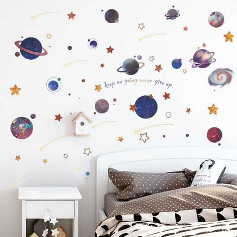 Space Universe Planets Stars Wall Stickers For Kids Room Nursery Decor Waterproof PVC Removable Never Give Up Quote Decals