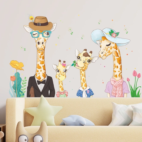 Cartoon Watercolor Giraffe Family Wall Stickers PVC Self-Adhesive Animal Floral Decals For Kids Room Home Decoration