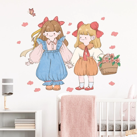 Cartoon Handgezeichnete Kleine Mädchen Hand In Hand Mit Blumenkorb Herz Wolke Wandtattoo PVC Selbstklebend Kinderzimmer Deko