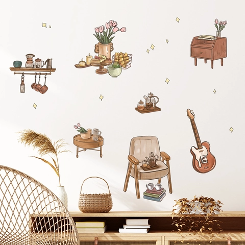 Vintage Retro Möbel Gitarre PVC Wandaufkleber Für Wohnzimmer Schlafzimmer Selbstklebend Handgezeichneter Stil Blumen Schrank Kunst Aufkleber