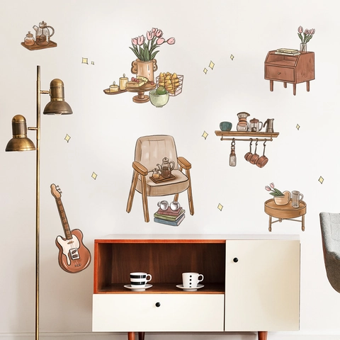 Vintage Retro Möbel Gitarre PVC Wandaufkleber Für Wohnzimmer Schlafzimmer Selbstklebend Handgezeichneter Stil Blumen Schrank Kunst Aufkleber
